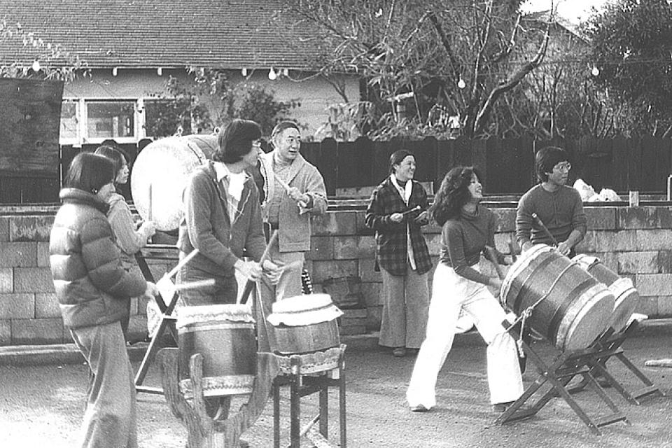 San Jose Taiko, 1977. Photograph by Jim Nagareda. San Jose Taiko was founded by Reverend Hiroshi Abiko, Dean Miyakusu, and Roy Hirabayashi at the San Jose Buddhist Temple.